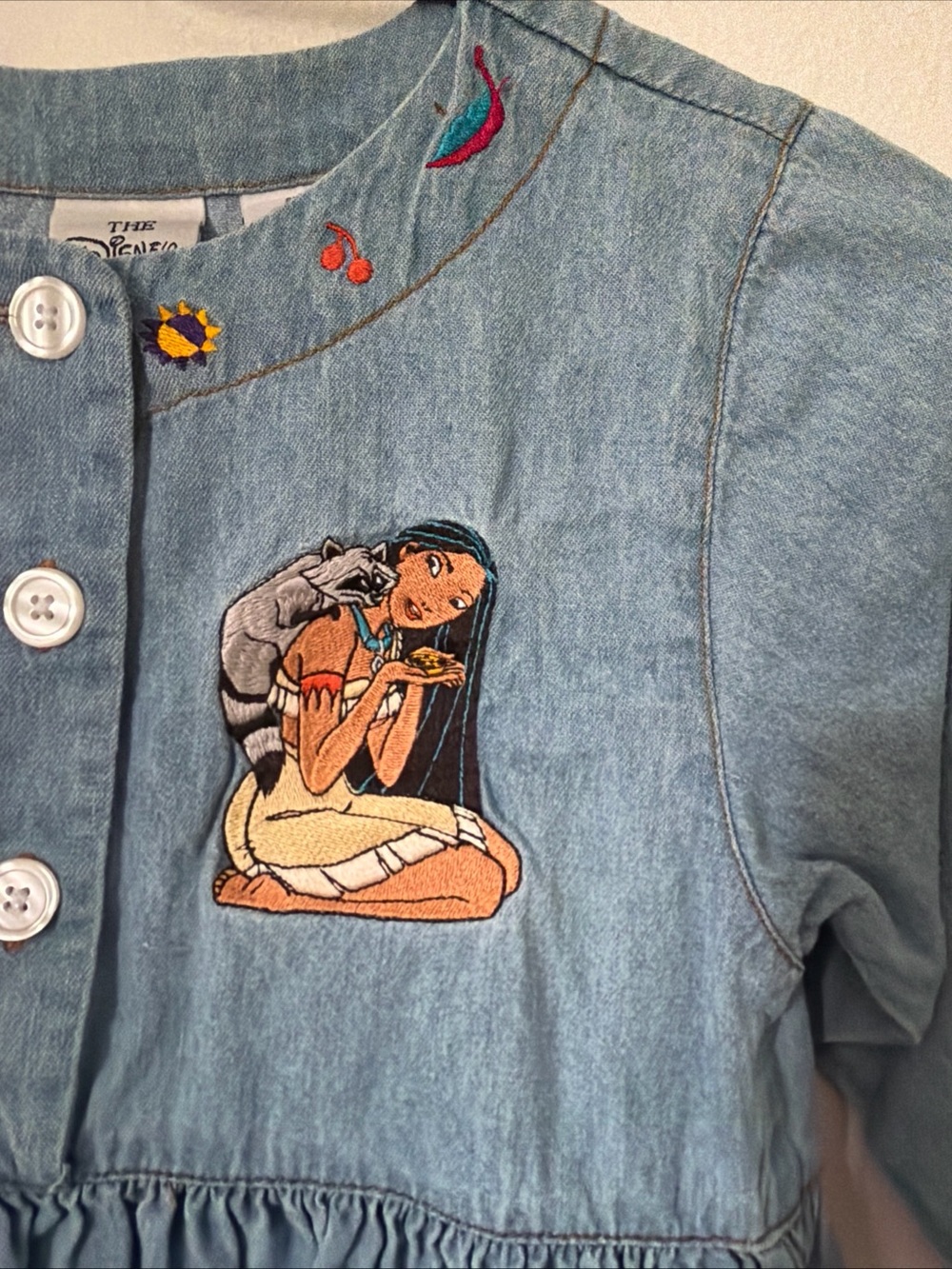 Disney Store Light Blue Denim Long-Sleeve Pocahontas Embroidered Dress 6X/7 - Picture 4 of 6